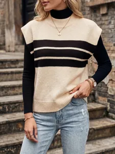 Close-up detail of a women's beige and black striped knit vest featuring a chic mock neck.