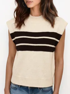 Close-up of sleeveless striped mock neck sweater vest for women in loose fit style