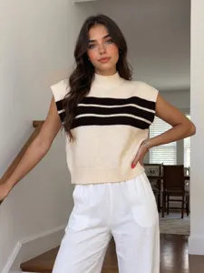 Stylish women's oversized knit sweater vest featuring bold stripes and half-high collar