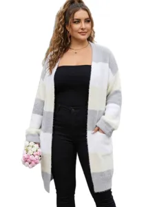 Plus size striped knit cardigan for women, long sleeve open front sweater coat main view.