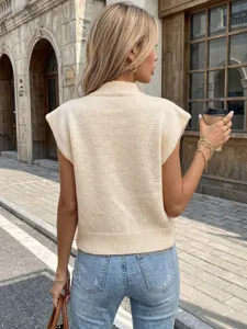 Stylish cream beige mock neck sleeveless knit sweater vest for women back view