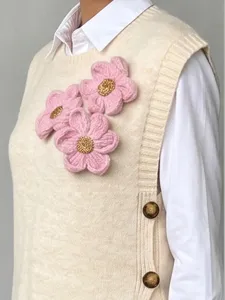 Chaleco de punto de lana para mujer cuello redondo pullover con flores 3D moda chic.