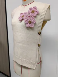 Chaleco de punto de lana cuello redondo sin mangas jersey con flores 3D estilo chic