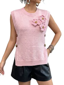 Chaleco de punto rosa con flores 3D, jersey sin mangas con cuello redondo para mujer elegante.