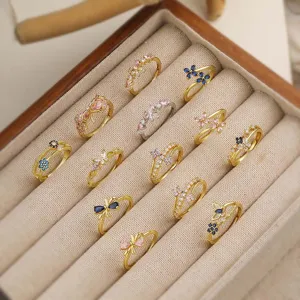 Elegante Anello Aperto Regolabile in Rame con Zirconia Quadrifoglio a Fiocco per Donna Oro Argento Farfalla Fiore Gioielli di Moda