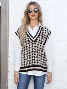Chaleco informal de pata de gallo para mujer con cuello en pico y rayas