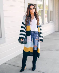 Long gilet cardigan en tricot rayé multicolore pour femme, vêtement casual confortable.