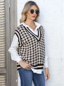 Elegante chaleco de punto con cuello en V y estampado de pata de gallo para mujer