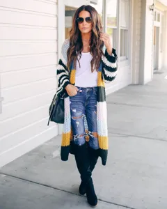 Cardigan pull long en tricot rayé bloc de couleur pour femmes vêtements d'hiver épais