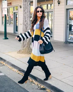 Long gilet cardigan en maille a rayures colorees pour femme, manteau chaud d'hiver.