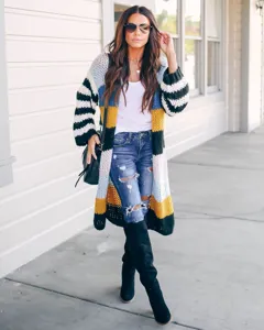Cardigan long en tricot rayé colorblock douillet pour femmes manteau d'hiver.
