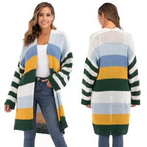 Cardigan Rayé Colorblock pour Femmes Manches Longues Tricot à la Machine Coupe Ample Ouvert Devant Épais Chaud Casual Top
