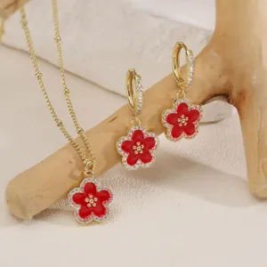 Kupfer Zirkonia Bunte Emaille Blume Schmuckset Für Damen Sweet Cool Blütenblatt Anhänger Halskette Creolen Ohrstecker Schmuck