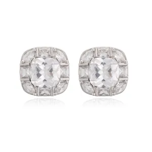 Close-up of square halo stud earrings with micro-set clear crystals in silver finish
