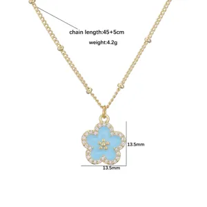 Detaillierte Maße der blauen Emaille-Blumenkette mit Zirkonia-Rand und 45cm Kette