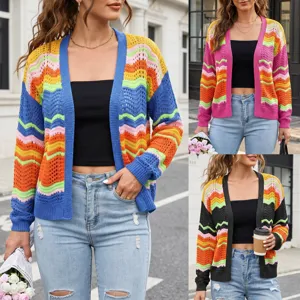 Women rainbow striped knit cardigan color block long sleeve sweater open front outerwear