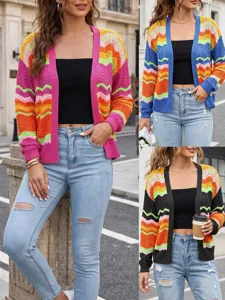 Women's Casual Autumn Winter Rainbow Striped Color Block Knitted Cardigan Long Sleeve V-Neck Open Front Sweater Outerwear