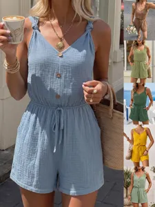Donna Casual Estate Vacanza Tinta Unita Tessuto Annodato Bretelle Romper Cotone Scollo a V Coulisse Jumpsuit
