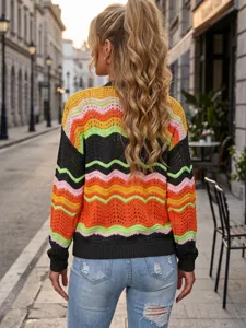 Women's Autumn Winter Rainbow Striped Knit Cardigan Casual Long Sleeve Color Block Sweater