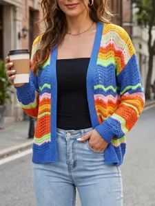 Women's colorful striped knit cardigan sweater, casual long sleeve open front outerwear coat.