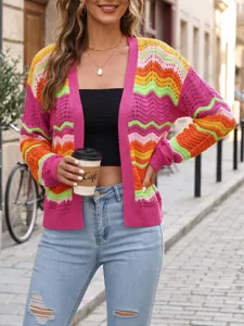 Colorful rainbow knit cardigan for women, stylish chevron striped open front sweater outerwear.