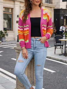 Colorful rainbow knit cardigan, casual open front striped sweater coat for women stylish autumn.