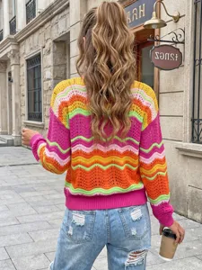 Colorful striped knit cardigan back view detail, soft fabric texture for autumn and winter.
