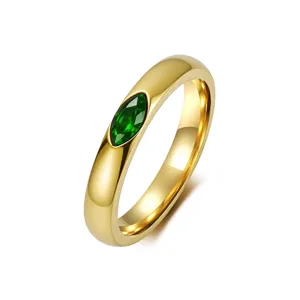 Sophisticated 18K gold plated titanium steel ring featuring a marquise-cut green gemstone
