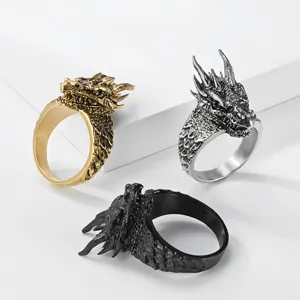Gedetailleerd overzicht van vintage punk drakenkop ring, roestvrij staal heren sieraden stuk