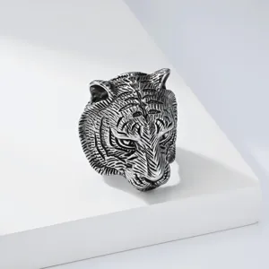 Men's titanium steel tiger head ring, punk rock gothic style bold index finger jewelry.
