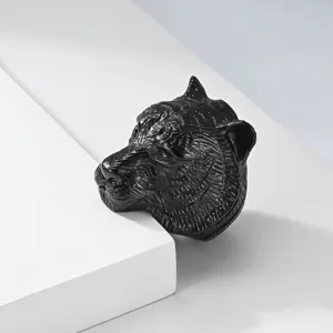 Titanium steel tiger head ring for men, bold vintage style statement fashion jewelry detail.