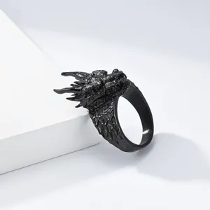 Vintage punk zwarte draak ring voor heren, stoere gothische titanium staal sieraden.