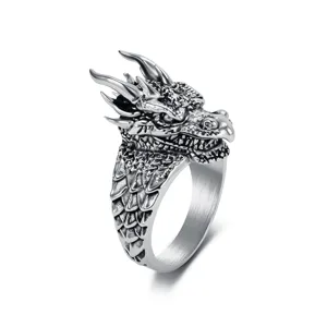 Retro punk draken ring voor heren, hoge kwaliteit titanium staal vintage zilveren sieraden.