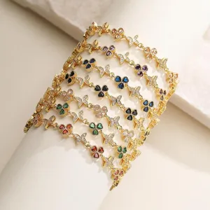 Refined Copper Zirconia Clover Butterfly Inlaid Bracelet For Women Sweet Gold Plated Colorful Gemstone Link Hand Chain Jewelry