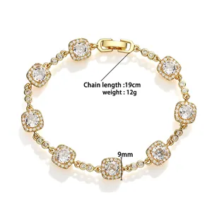 Detailed view of gold-plated square bracelet with sparkling cubic zirconia inlay