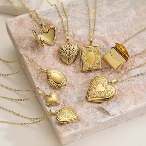 Vintage French Style Stainless Steel Gold Plated Locket Necklace For Women Heart Envelope Book Oval Photo Pendant Jewelry