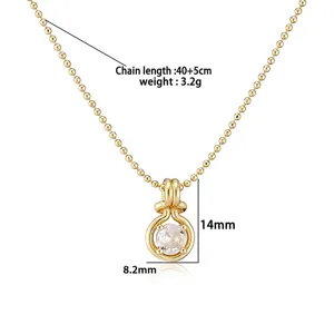 Detail of gold-plated bead chain necklace with round zircon pendant and dimensions