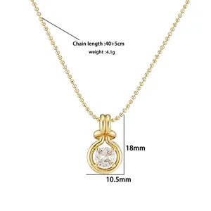 Close-up of gold copper ball chain necklace showing round zircon pendant dimensions and weight