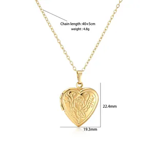 Detailed macro view of a gold heart locket necklace with rose engraving and size info