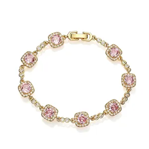 Detailed macro view of a sparkling pink cushion-cut stone bracelet with a halo setting