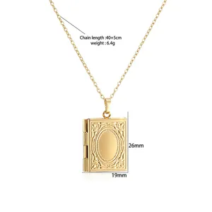 Detailed view of retro gold book locket necklace showing precise 26mm by 19mm dimensions