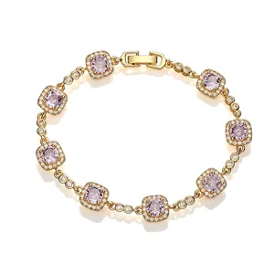 Close-up view of an elegant gold bracelet with square lavender gemstone charms and halos