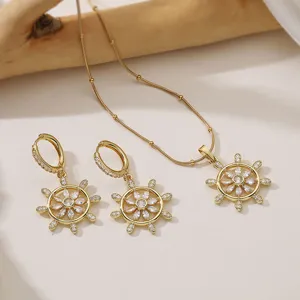 Gioielli Timone Nautico per Donna Rame Zirconia Hip Hop Bussola Ciondolo Collana Orecchini a Cerchio Accessori Moda Regalo