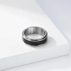 Détail d'une bague rotative en acier titane avec un insert texturé en fibre de carbone.