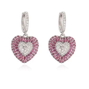 Elegant silver-toned double heart dangle earrings encrusted with pink and white cubic zirconia