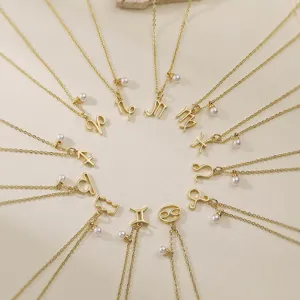 Niche Luxury Copper Twelve Zodiac Pendant Necklace Artificial Pearl Ins Style Constellation Clavicle Chain For Women Jewelry