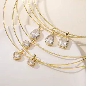 Geometric Bezel Set Zirconia Copper Choker Necklace For Women Minimalist Heart Round Teardrop Pendant Gold Silver Plated Fashion Jewelry