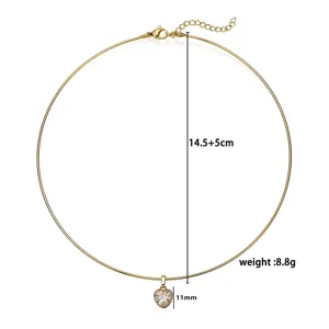 Detailed view of gold stainless steel heart zircon choker with size measurements included