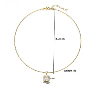 Detailed dimensions of gold stainless steel choker with emerald-cut zircon pendant