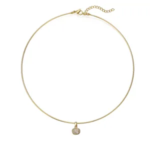 Detail view of gold stainless steel choker necklace with a round zircon pendant.